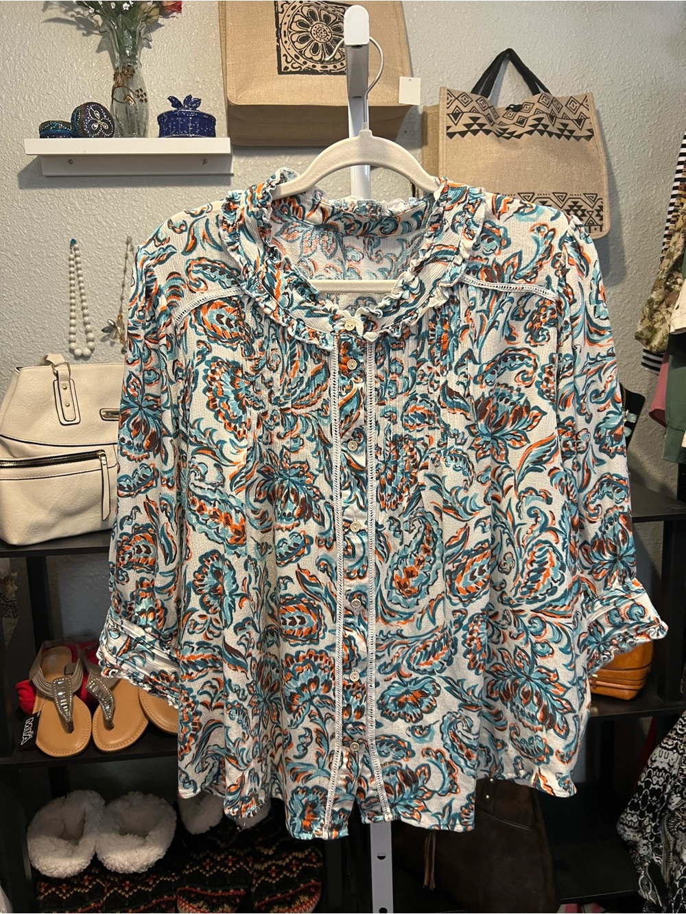 Blue & Orange Paisley Button-Front Women's Top